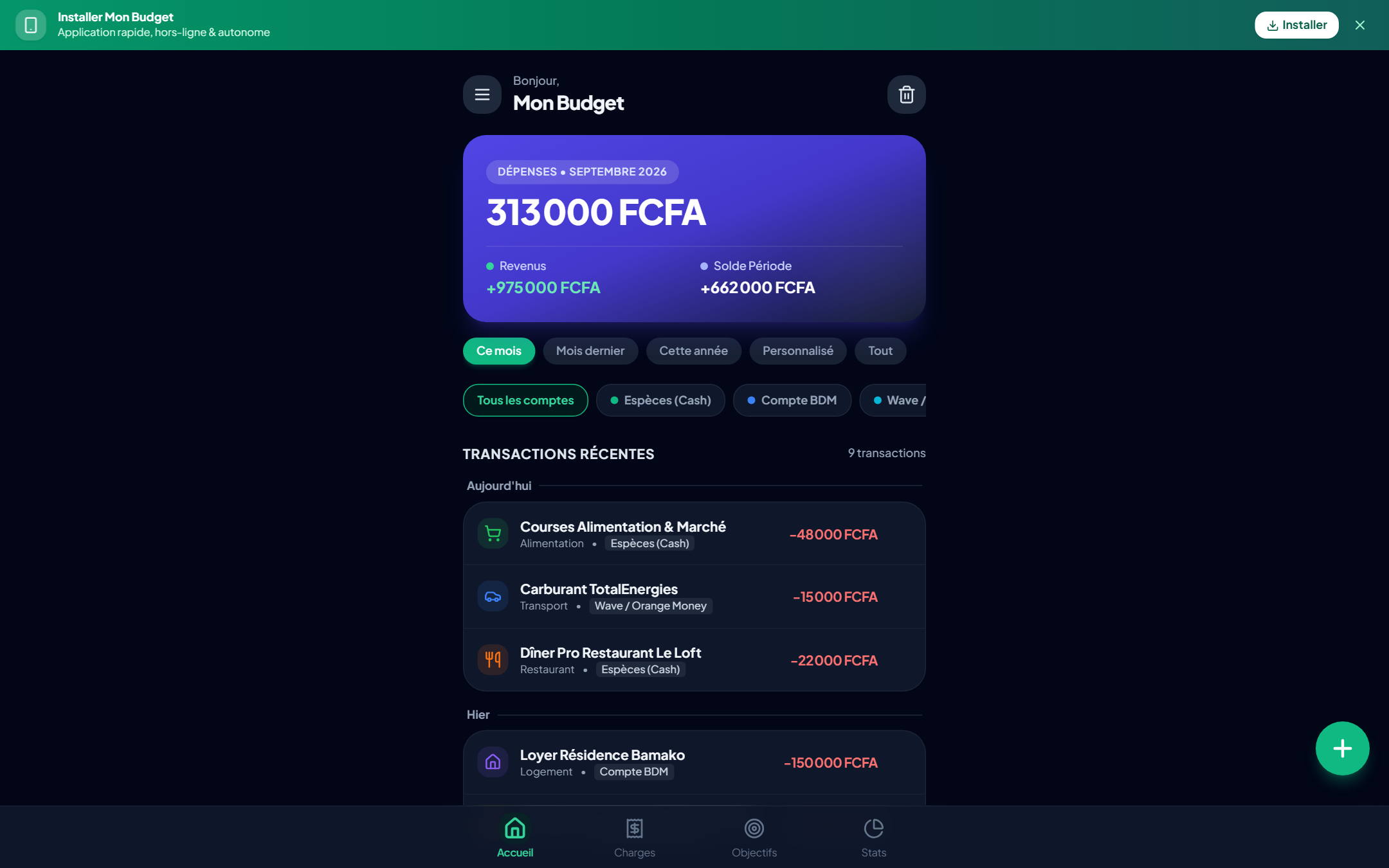 Capture d'écran MonBudget — Application Progressive de Gestion Financière Personnelle